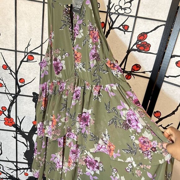 Torrid Dress Size 3 Floral Chiffon Ruffled High Neck Olive Green Layered New - Picture 6 of 9